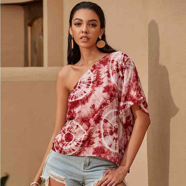 women's t-shirt one shoulder women summer tie dye print short sleeve loose backless casual female clothes f5rh, White
women's t-shirt one shoulder women summer tie dye print short sleeve loose backless casual female clothes f5rh, White