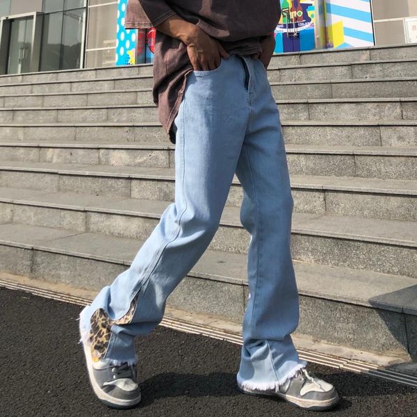 men's jeans high street leopard patchwork flare vintage fashionable wide leg jean men women slim fit edges denim trousers male, Blue
men's jeans high street leopard patchwork flare vintage fashionable wide leg jean men women slim fit edges denim trousers male, Blue