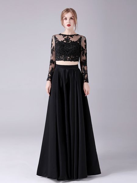 2022 jewel aline two-piece satin prom dresses vintage long sleeves floor length lace appliques formal evening dress party gowns, Black
2022 jewel aline two-piece satin prom dresses vintage long sleeves floor length lace appliques formal evening dress party gowns, Black