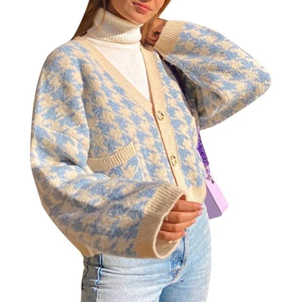 women's knits & tees female sweater cardigan, houndstooth print v-neck long sleeve loose knitwear for spring fall, blue, White
women's knits & tees female sweater cardigan, houndstooth print v-neck long sleeve loose knitwear for spring fall, blue, White