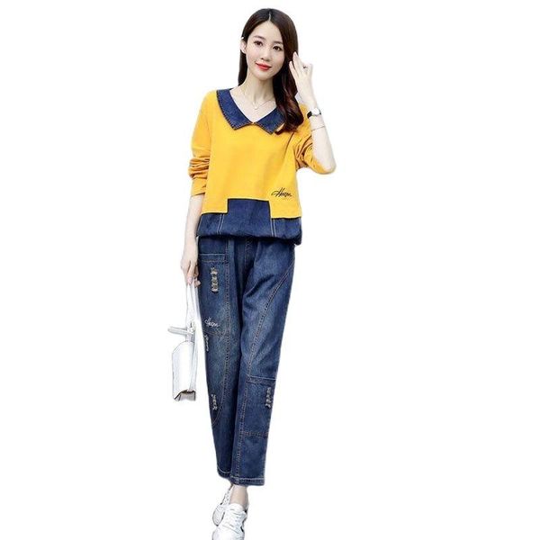 women's two piece pants large size female cowboy ssuit spring autumn splicing long sleeve jacket +high waist set loose ladies 2pcs, White
women's two piece pants large size female cowboy ssuit spring autumn splicing long sleeve jacket +high waist set loose ladies 2pcs, White