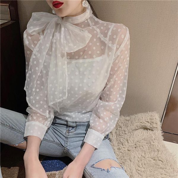 women white shirt spring 2021 korean bow collar polka dot mesh transparent blouse sheer camis set blusa transparente t471
women white shirt spring 2021 korean bow collar polka dot mesh transparent blouse sheer camis set blusa transparente t471
