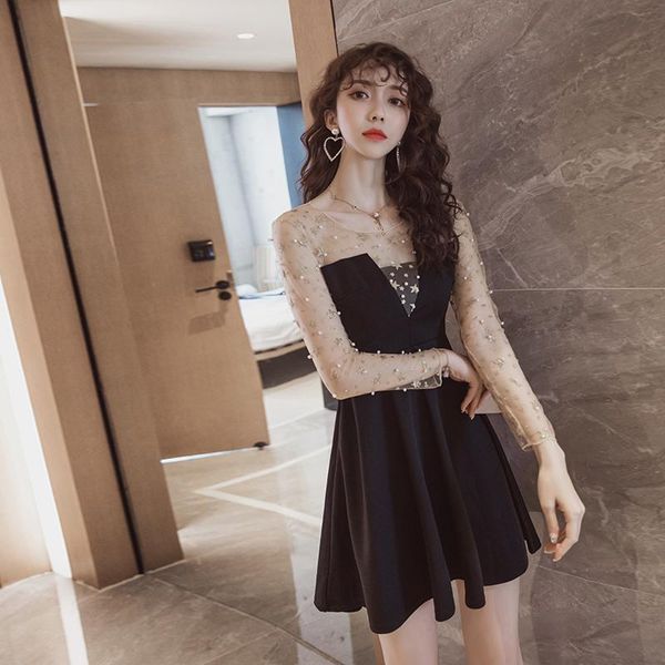 casual dresses #5120 black false two piece a-line dress women short party long sleeve spliced mesh beading woman spring summer, Black;gray