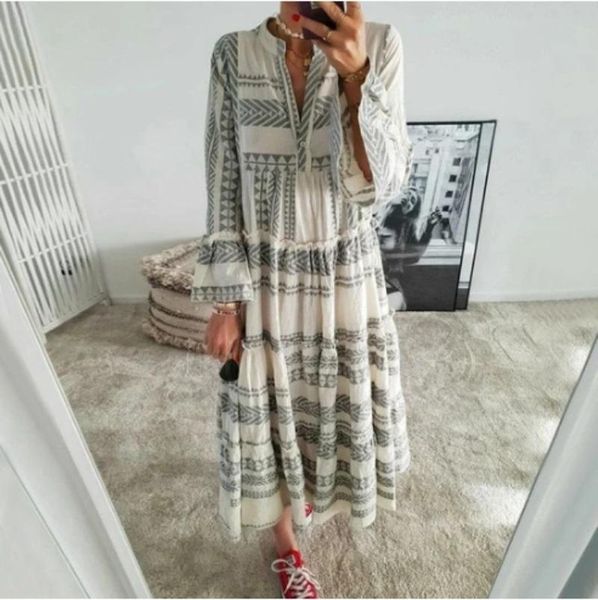 casual dresses donsignet fashion women's dress summer v-neck pullover bohemian striped print ruffled flared sleeve, Black;gray
