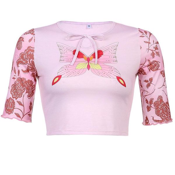 women's t-shirt hollow out lace up slim short section casual butterfly printed, White
women's t-shirt hollow out lace up slim short section casual butterfly printed, White