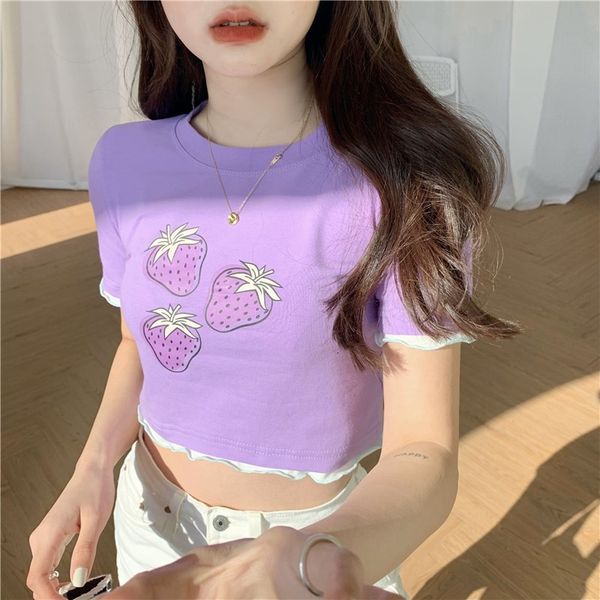 short-sleeved 2021 new female summer japanese strawberry belly button shirt high-waist cropped purple short t-shirt ei08, White
short-sleeved 2021 new female summer japanese strawberry belly button shirt high-waist cropped purple short t-shirt ei08, White