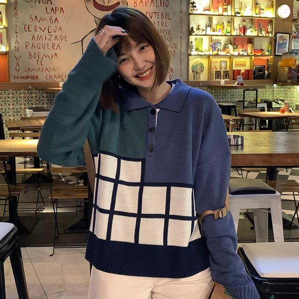 women's sweaters winter 2021 arrival korean college style color matching square block collar pullover retro women loose clothes, White;black
women's sweaters winter 2021 arrival korean college style color matching square block collar pullover retro women loose clothes, White;black