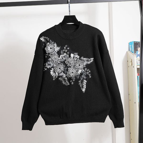 black embroidery flowers knitted set women tracksuit pullover sweater pencil pants two piece outfits female loose knitting suit vzor, Blue