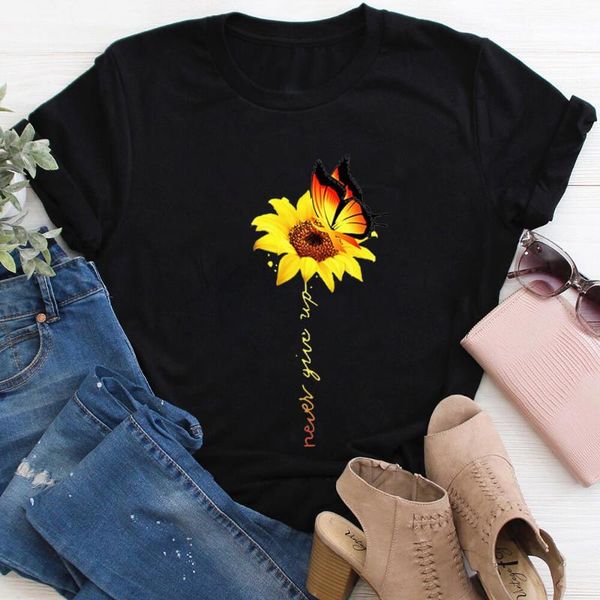 women's t-shirt never give up sunflower and butterfly 100%cotton women tshirt trendy summer casual short sleeve inspiration shirt, White
women's t-shirt never give up sunflower and butterfly 100%cotton women tshirt trendy summer casual short sleeve inspiration shirt, White