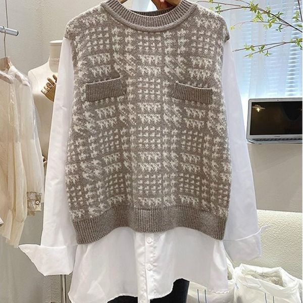women's sweaters korean fake two knitwear sweater women patchwork shirt pullovers fall clothes woman 2021 knit jumper sueter mujer, White;black
women's sweaters korean fake two knitwear sweater women patchwork shirt pullovers fall clothes woman 2021 knit jumper sueter mujer, White;black