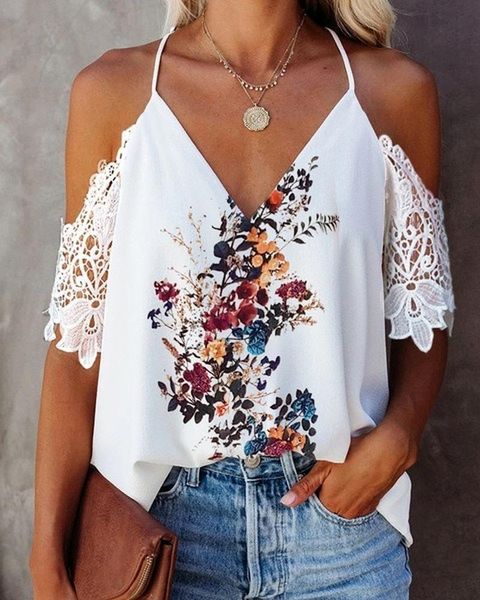 women's blouses & shirts spring summer floral print short sleeve ladies v-neck lace strap casual plus size blusas rojas mujer, White
women's blouses & shirts spring summer floral print short sleeve ladies v-neck lace strap casual plus size blusas rojas mujer, White