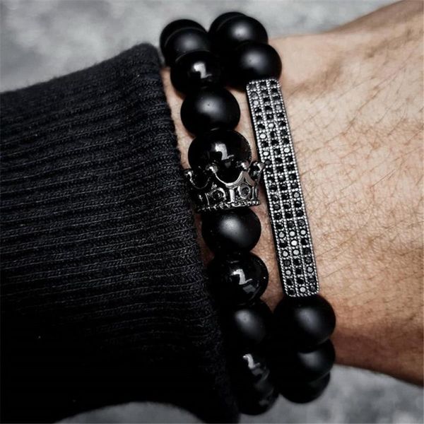 beaded, strands two-piece gold and silver crown long frosted stone volcanic combination beaded men's bracelet set, Black
beaded, strands two-piece gold and silver crown long frosted stone volcanic combination beaded men's bracelet set, Black