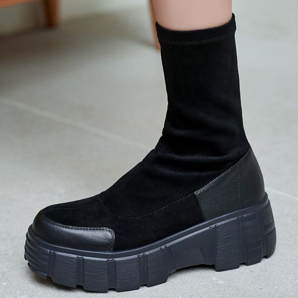 boots women's genuine leather stretch flock patchwork slip-on platform flats ankle thick sole punk autumn slim short shoes, Black
boots women's genuine leather stretch flock patchwork slip-on platform flats ankle thick sole punk autumn slim short shoes, Black