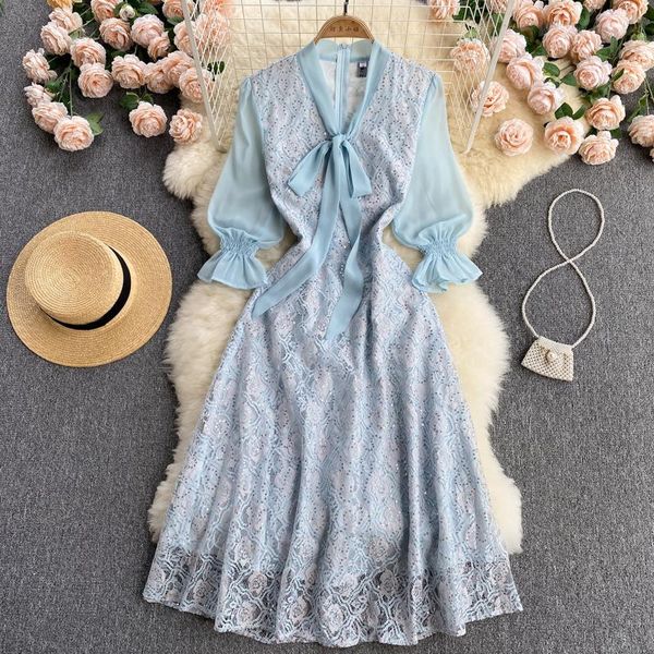 casual dresses elegant sweet bow tie collar chiffon flare sleeve embroidered sequined hollow out lace dress women mid-length summer vestidos, Black;gray
casual dresses elegant sweet bow tie collar chiffon flare sleeve embroidered sequined hollow out lace dress women mid-length summer vestidos, Black;gray