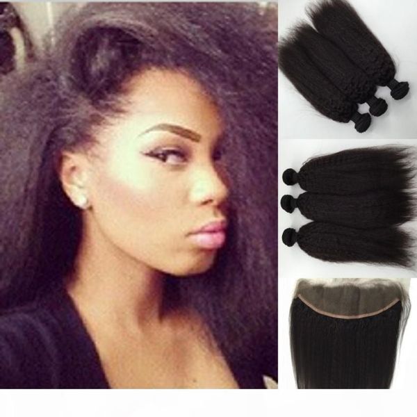 3pcs kinky straight virgin human hair bundles with lace frontal closure ear to ear brazilian wet and wavy hair with 13x4 frontal, Black 
3pcs kinky straight virgin human hair bundles with lace frontal closure ear to ear brazilian wet and wavy hair with 13x4 frontal, Black