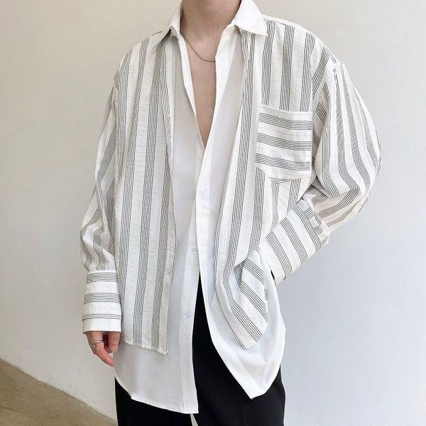 men's casual shirts 2021 autumn turn-down collar fake two pieces long sleeve shirt for men single pocket loose japan style clothing, White;black
men's casual shirts 2021 autumn turn-down collar fake two pieces long sleeve shirt for men single pocket loose japan style clothing, White;black