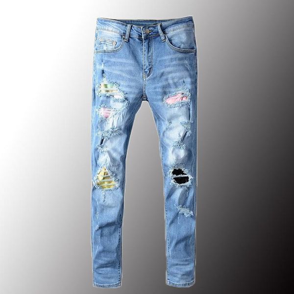 men's jeans 2021 luxury fancy color patch design patchwork ripped streetwear slim skinny stretch denim pants plus size 40, Blue
men's jeans 2021 luxury fancy color patch design patchwork ripped streetwear slim skinny stretch denim pants plus size 40, Blue