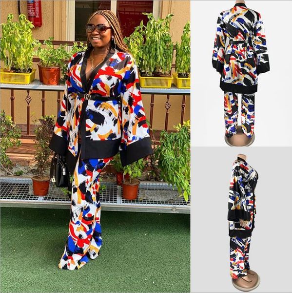 fashion colorful printing loose two womenpant piece sets arrivals v neck coats sashes high waist pants outfits, White
fashion colorful printing loose two womenpant piece sets arrivals v neck coats sashes high waist pants outfits, White