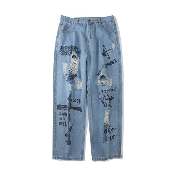 men's jeans 2021 preppy style graffiti cross print hole baggy straight men denim pants korean casual oversize women wide leg trousers, Blue
men's jeans 2021 preppy style graffiti cross print hole baggy straight men denim pants korean casual oversize women wide leg trousers, Blue