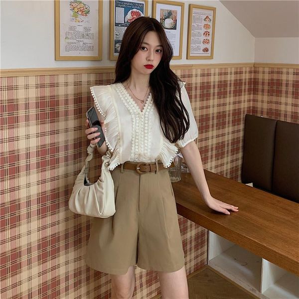 women's blouses & shirts 2 piece shorts sets elegant half sleeve ruffles lace blouse women loose high waist wide leg khaki female, White
women's blouses & shirts 2 piece shorts sets elegant half sleeve ruffles lace blouse women loose high waist wide leg khaki female, White