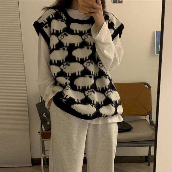 women's vests sheep pattern sweater knitted women vest round neck korean college style autumn and winter wear sleeveless 2021 clothing, Black;white
women's vests sheep pattern sweater knitted women vest round neck korean college style autumn and winter wear sleeveless 2021 clothing, Black;white