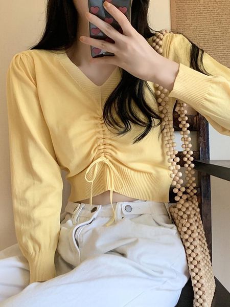 women's t-shirt early autumn versatile korean short sweater solid color drawstring slim v-neck long sleeve top, White
women's t-shirt early autumn versatile korean short sweater solid color drawstring slim v-neck long sleeve top, White