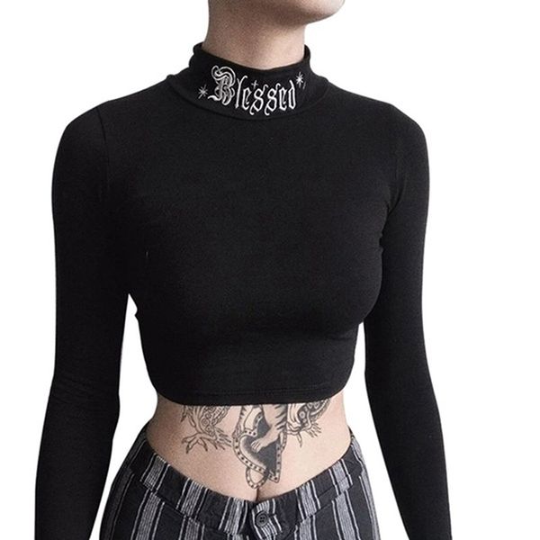 women black exposed navel crop long sleeve gothic harajuku letter embroidery vintage solid female casual basic 210306, White
women black exposed navel crop long sleeve gothic harajuku letter embroidery vintage solid female casual basic 210306, White