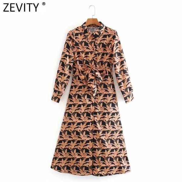 

zevity women vintage tropical leaves print bow tied sashes midi shirt dress office lady breasted casual slim vestido ds4666 210603, Black;gray