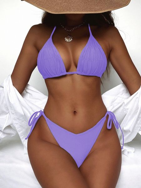 halter triangle tie side bikini swimsuit c6zh#, White;black