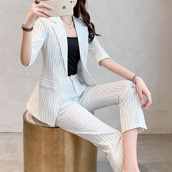 women's tracksuits suit 2021 summer casual fashion thin professional jacket ol striped nine pants two sets of clothing, Gray
women's tracksuits suit 2021 summer casual fashion thin professional jacket ol striped nine pants two sets of clothing, Gray
