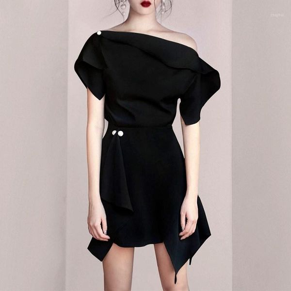 two piece dress party girl black skirt suit off-shoulder irregular pearl with bow ns207, White
two piece dress party girl black skirt suit off-shoulder irregular pearl with bow ns207, White