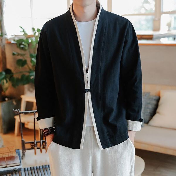 men's casual shirts chinese style menswear 2021 daopao hanfu dish button cardigan color matching coat men, White;black
men's casual shirts chinese style menswear 2021 daopao hanfu dish button cardigan color matching coat men, White;black