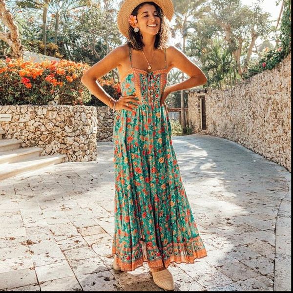 green floral summer dress buttons waist tie long dress casual 2021 new beach dress straps chic women, Black;gray
green floral summer dress buttons waist tie long dress casual 2021 new beach dress straps chic women, Black;gray