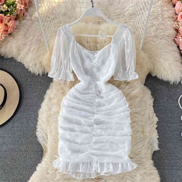 french style white women's dress summer chic short-sleeved v-neck ruched bodycon mini butterfly decoration club 210603, Black;gray
french style white women's dress summer chic short-sleeved v-neck ruched bodycon mini butterfly decoration club 210603, Black;gray