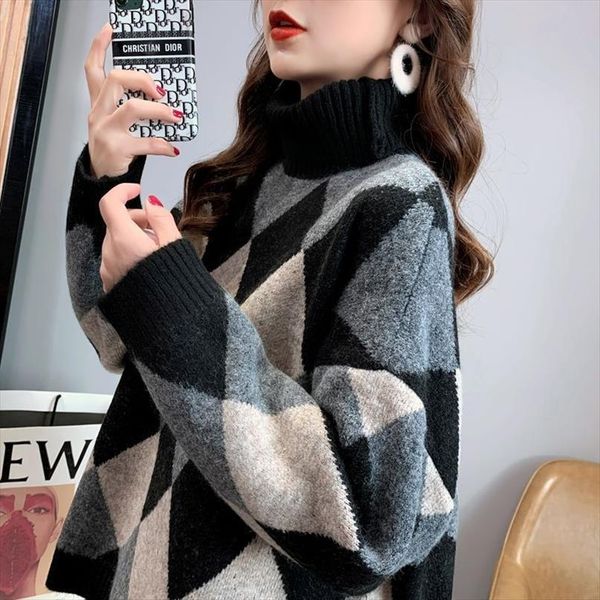 womenn pullover high neck women sweaters diamond stitching thick loose korean knit outer wear winter trend, White;black
womenn pullover high neck women sweaters diamond stitching thick loose korean knit outer wear winter trend, White;black