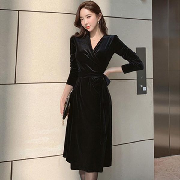 casual dresses korean women velvet v-neck long sleeves lace up lady party elegant occupation black dress vestidos, Black;gray
casual dresses korean women velvet v-neck long sleeves lace up lady party elegant occupation black dress vestidos, Black;gray