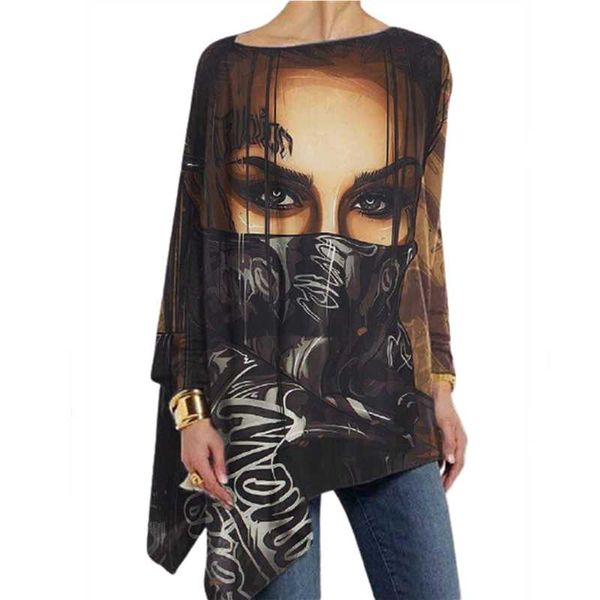women's t-shirt personality abstract figure print o neck loose irregular long sleeve casual polyester fashion oversize tees, White
women's t-shirt personality abstract figure print o neck loose irregular long sleeve casual polyester fashion oversize tees, White