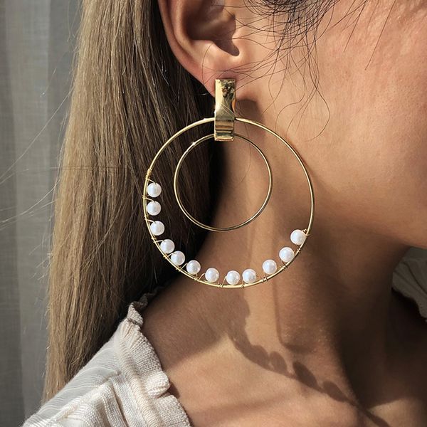new exaggerated large double circel gold metal drop earrings for women geometric hanging earrings pearls beaded wedding jewelry, Golden;silver
new exaggerated large double circel gold metal drop earrings for women geometric hanging earrings pearls beaded wedding jewelry, Golden;silver