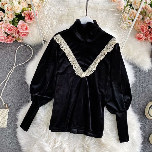 2021 autumn black lace patchwork veet blouse women elegant turtleneck lantern long sleeve loose shirts female fashion k5xa, Blue
2021 autumn black lace patchwork veet blouse women elegant turtleneck lantern long sleeve loose shirts female fashion k5xa, Blue
