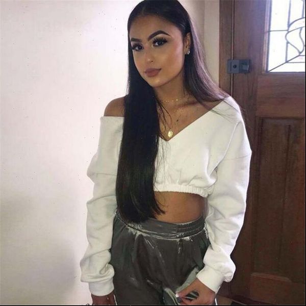 women deep v neck long sleeves fleece hoodies off shoulder shirt casual basic color street wear, White
women deep v neck long sleeves fleece hoodies off shoulder shirt casual basic color street wear, White