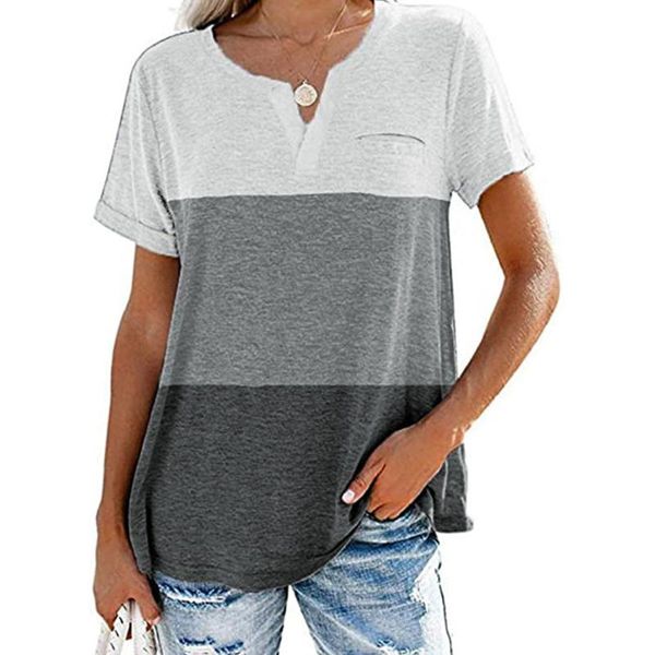 women's t-shirt color block all matching casual with pocket v-neck summer short-sleeved striped printed d30, White
women's t-shirt color block all matching casual with pocket v-neck summer short-sleeved striped printed d30, White