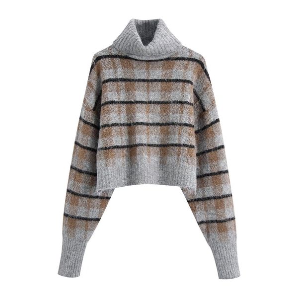 2021 autumn new women's style high neck plaid sweater loose pullover sweater 2142158, White;black
2021 autumn new women's style high neck plaid sweater loose pullover sweater 2142158, White;black