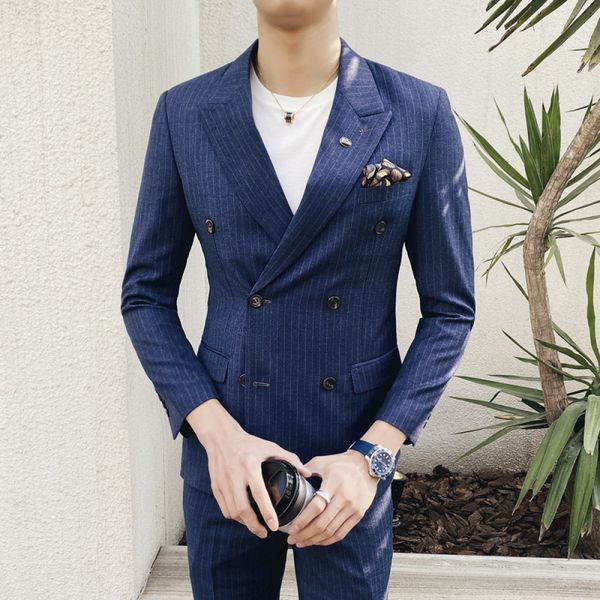 spring british double breasted for men business professional wear striped two piece suit groom takim elbise x30b, White;black
spring british double breasted for men business professional wear striped two piece suit groom takim elbise x30b, White;black