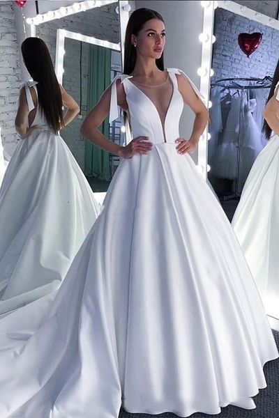 2021 new simple with bow a-line elegant satin long princess vintage bridal wedding gown custom made iotv, White
2021 new simple with bow a-line elegant satin long princess vintage bridal wedding gown custom made iotv, White