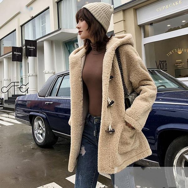 women's fur & faux autumn and winter fashion grain wool sheep shearing coat horn buckle lamb hair medium long loose ladies all-match, Black
women's fur & faux autumn and winter fashion grain wool sheep shearing coat horn buckle lamb hair medium long loose ladies all-match, Black