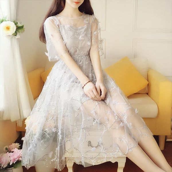 spring and summer super fairy womens dresses long elegant short sleeved pure color o neck applique sweet, Black;gray
spring and summer super fairy womens dresses long elegant short sleeved pure color o neck applique sweet, Black;gray