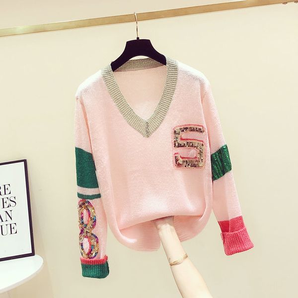 women's sweaters women's nightgown spring and autumn korean version of the color combining curly sequins with loose neck cleavage, White;black
women's sweaters women's nightgown spring and autumn korean version of the color combining curly sequins with loose neck cleavage, White;black