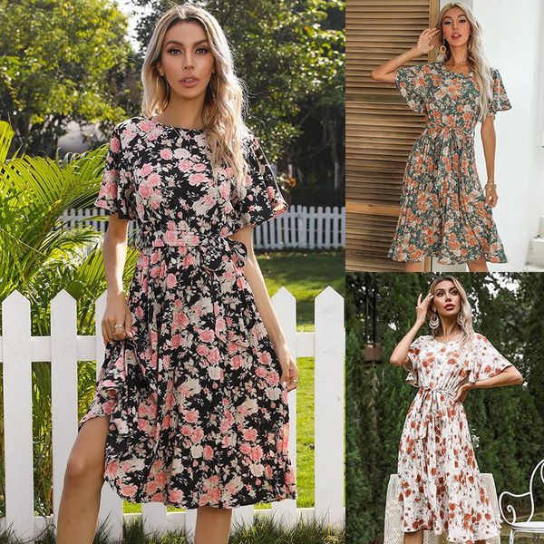 party dresses 2021 summer floral lotus leaf sleeve round neck with pleated dress women, White;black
party dresses 2021 summer floral lotus leaf sleeve round neck with pleated dress women, White;black