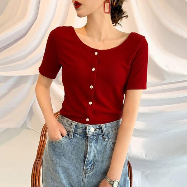 women's t-shirt women t shirt short-sleeved button o-neck lady tee casual knit, White
women's t-shirt women t shirt short-sleeved button o-neck lady tee casual knit, White