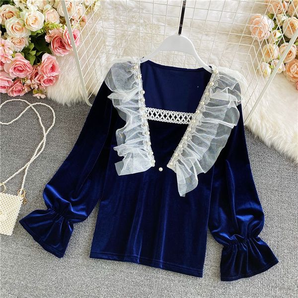 2021 autumn winter mesh patchwork beading blouse women elegant v-neck flare long sleeve lace veet shirt female black/white txge, Blue
2021 autumn winter mesh patchwork beading blouse women elegant v-neck flare long sleeve lace veet shirt female black/white txge, Blue